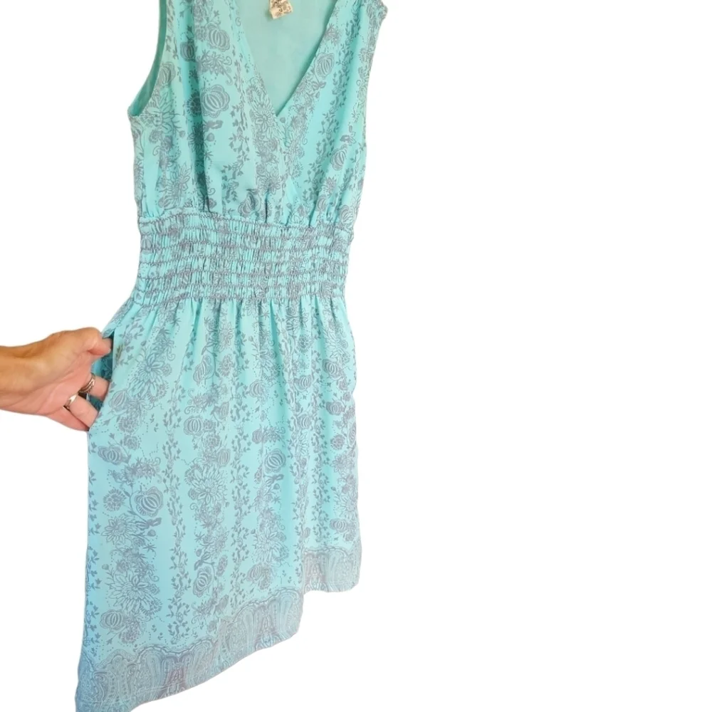 AVENTURA S Resort Vacation Mini Dress Aqua Blue Grey Babydoll Y2k Pockets - Picture 5 of 12